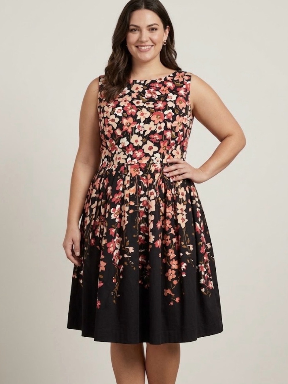 Talbots Floral Print A-Line Sleeveless Dress Size 12 Black Pink Cotton